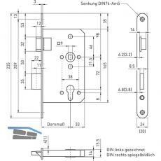 Einstemmschloss BKS 1206, rechts, DM 65, Edelstahl