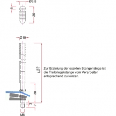 Treibriegelstange BMH 1101, 1500 mm, m. Gleitstopfen f. oben, Stahl verzinkt