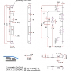 Fluchttrtreibriegel 1130, links, DM 65, Winkelstulp 235 x 20 mm, Edelstahl