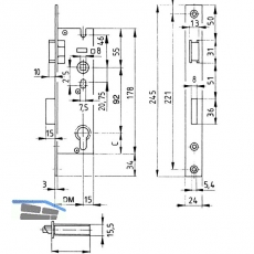 Rohrrahmenschloss Flachstulp m. Falle u. Riegel, PZW, DM 20, Edelstahl